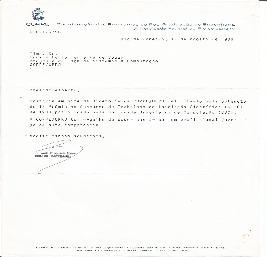 Letter of congratulations from the Director of COPPE/UFRJ for obtaining 1st Place at the CTIC